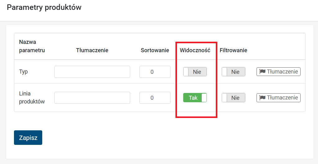 Widoczność parametrów