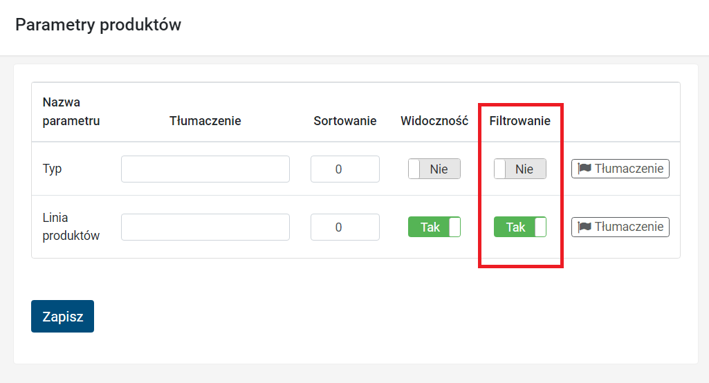 Filtrowanie towarów