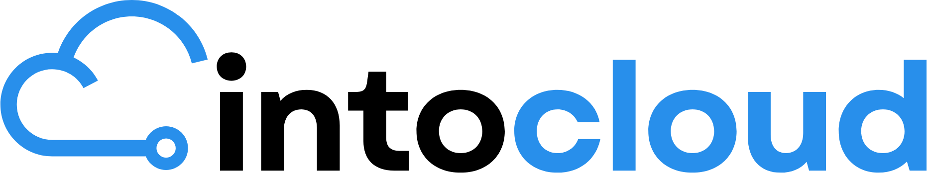 niebieska ikona chmury i czarnoniebieski napis intocloud, jako logotyp strony oferującej usługi chmurowe